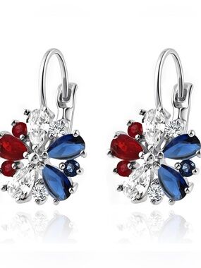 Vintage 14K Gold Plated Floral Drop Earrings Blue, Red, White Stones